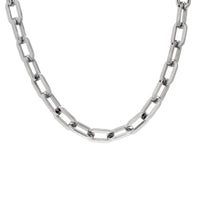 A high polish stainless steel paperclip chain necklace with a bright metallic shine.