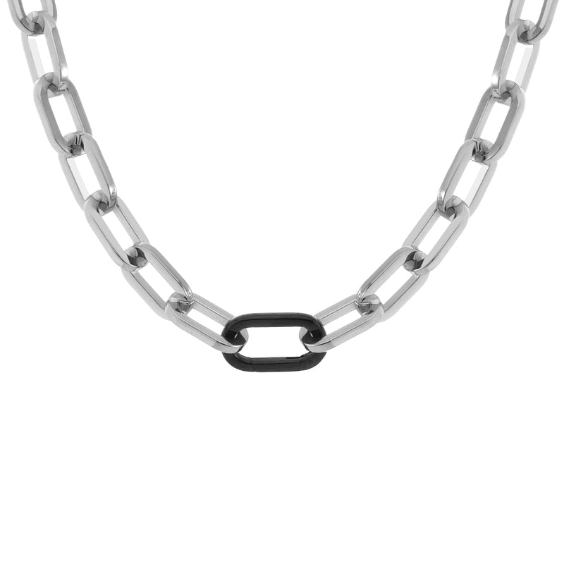 A silver paperclip chain necklace with a black clasp, displayed against a white background.