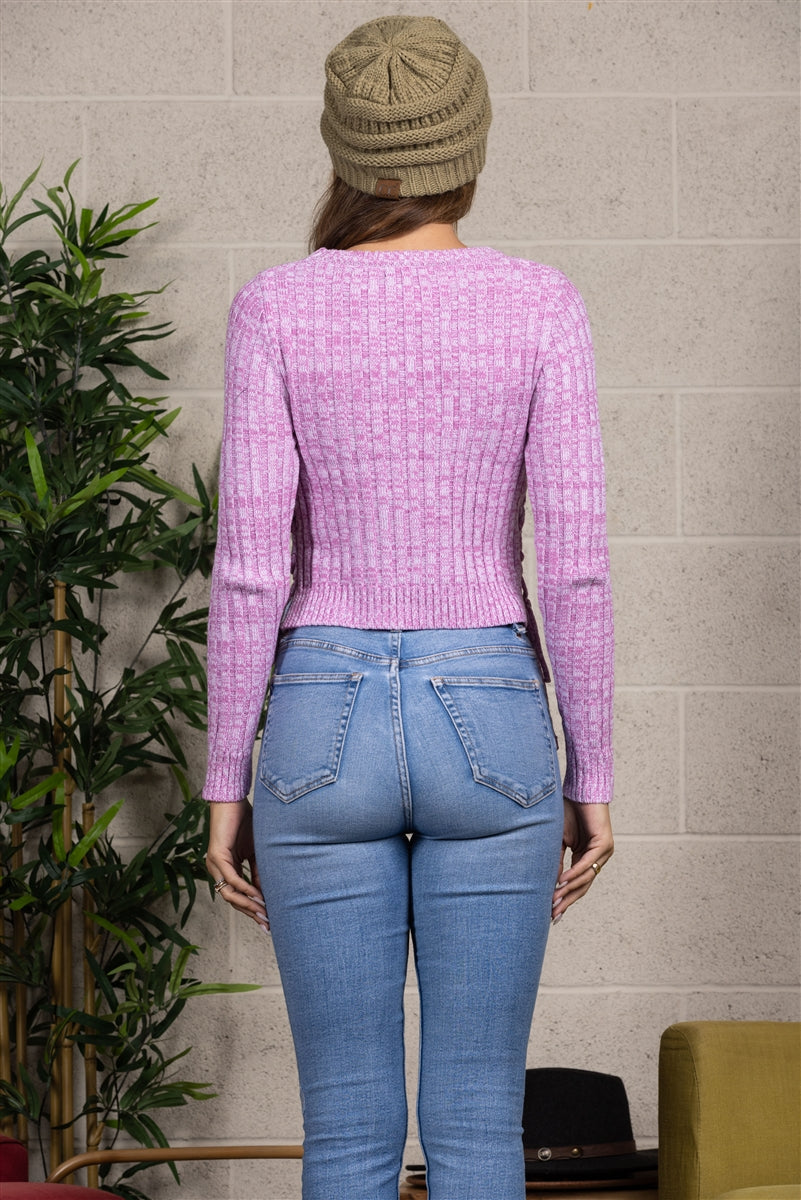 The back of CABLE KNIT CROP SWEATER-berry