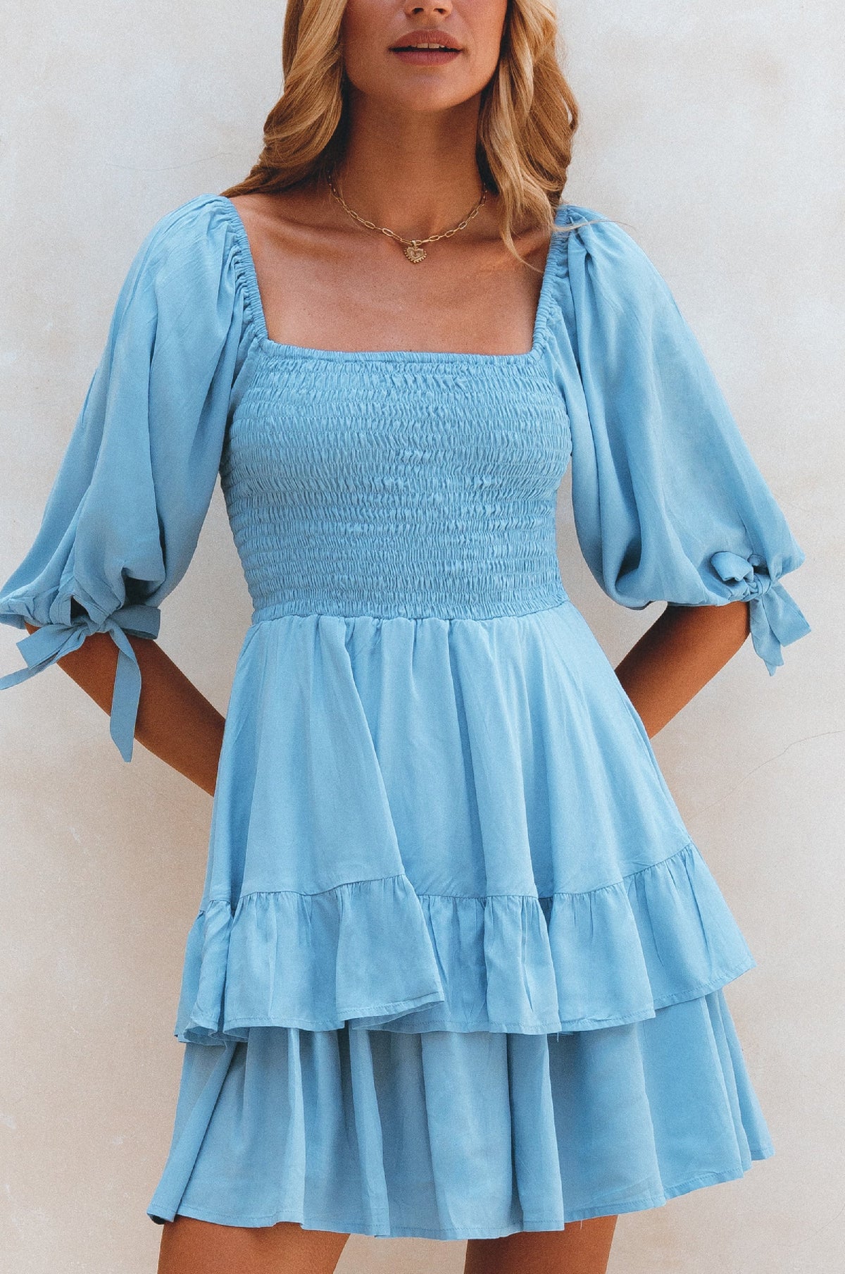 Full view of Cha-Cha Ruffle Mini Dress -soft blue