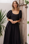 Front view of black Cherie Puff Sleeve Midi Dress
