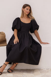 Another full view of black Cherie Puff Sleeve Midi Dress