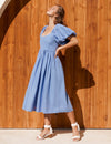 Full view of blue Cherie Puff Sleeve Midi Dress