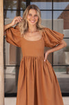 Brown Cherie Puff Sleeve Midi Dress