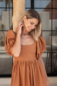 Brown Cherie Puff Sleeve Midi Dress