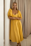 Full view of mustard Cherie Puff Sleeve Midi Dress