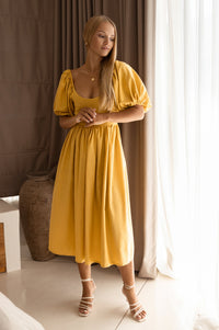 Mustard Cherie Puff Sleeve Midi Dress