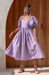 Full view of purple Cherie Puff Sleeve Midi Dress