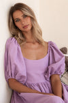 Top half of purple Cherie Puff Sleeve Midi Dress