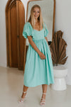 Full view of green Cherie Puff Sleeve Midi Dress