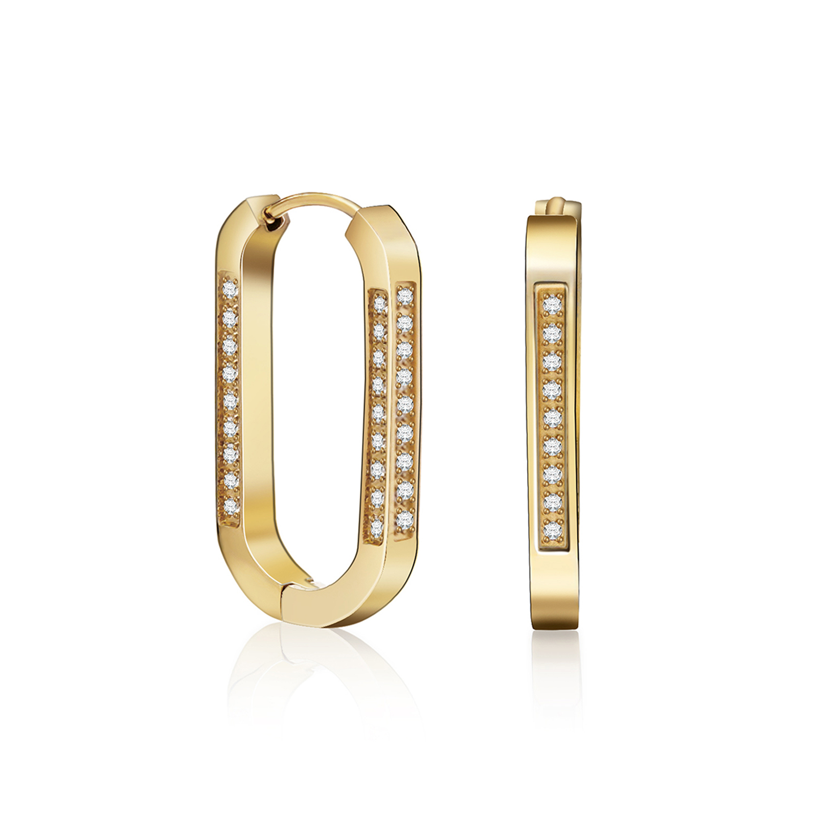 A pair of 18K gold plated silver hoop earrings with gold pavé set stones on three sides.