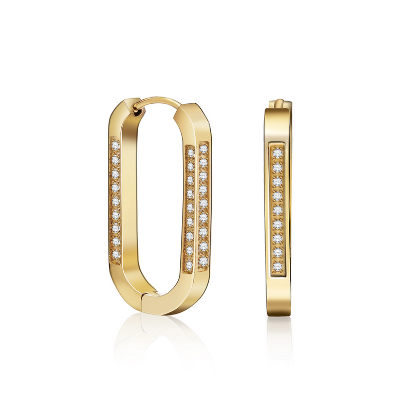 A pair of 18K gold plated silver hoop earrings with gold pavé set stones on three sides.