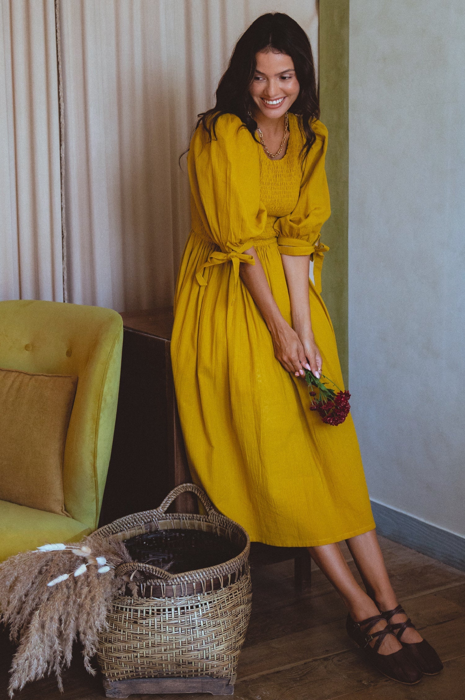 Freya Smocked Linen Midi Dress 