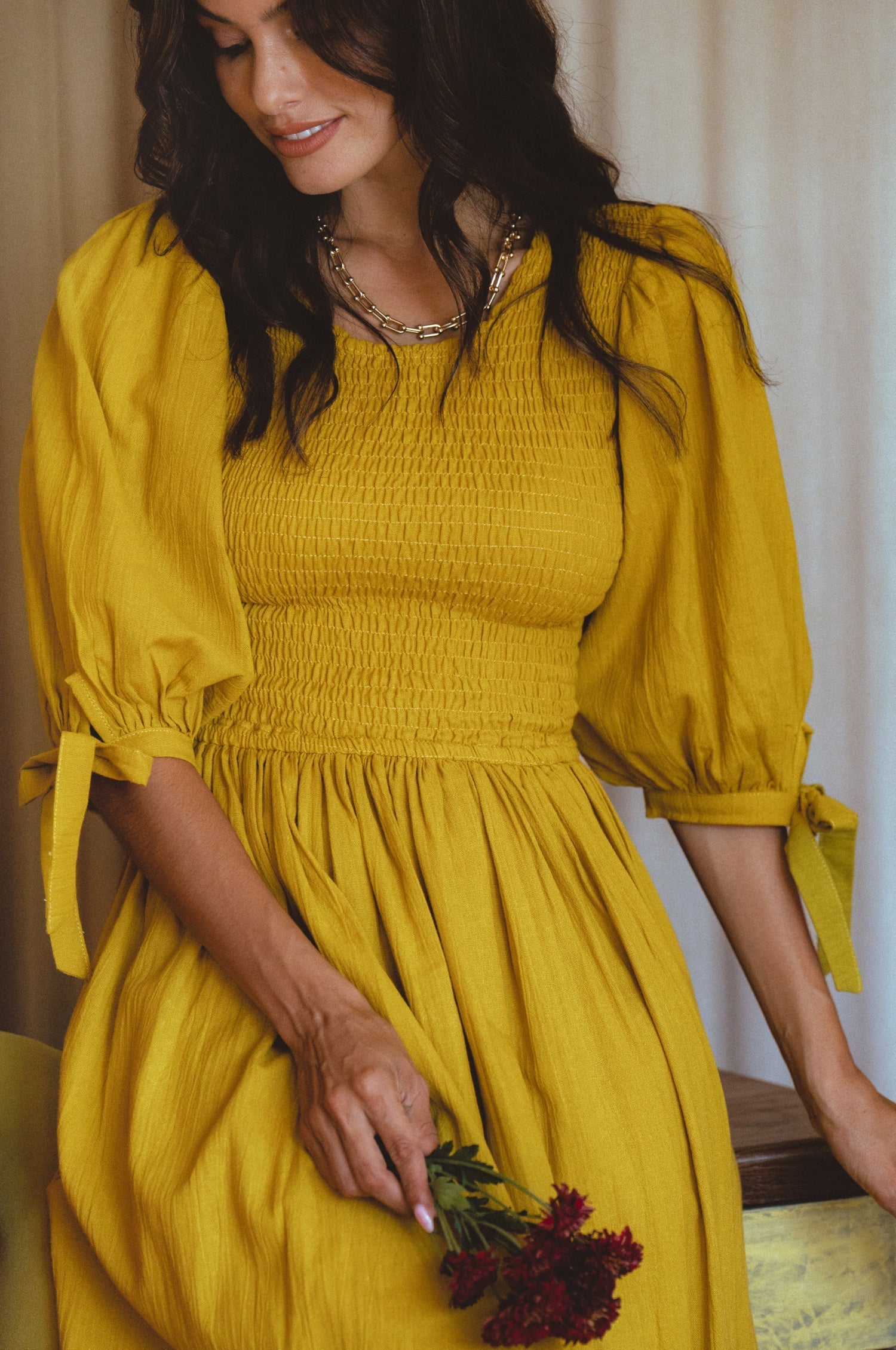 Freya Smocked Linen Midi Dress 