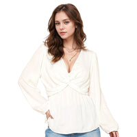 Pleione Women's V-Neck Twist Front Tunic Top in Ivory