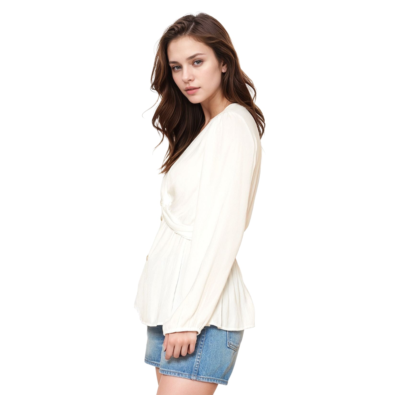 Pleione Women's V-Neck Twist Front Tunic Top in Ivory
