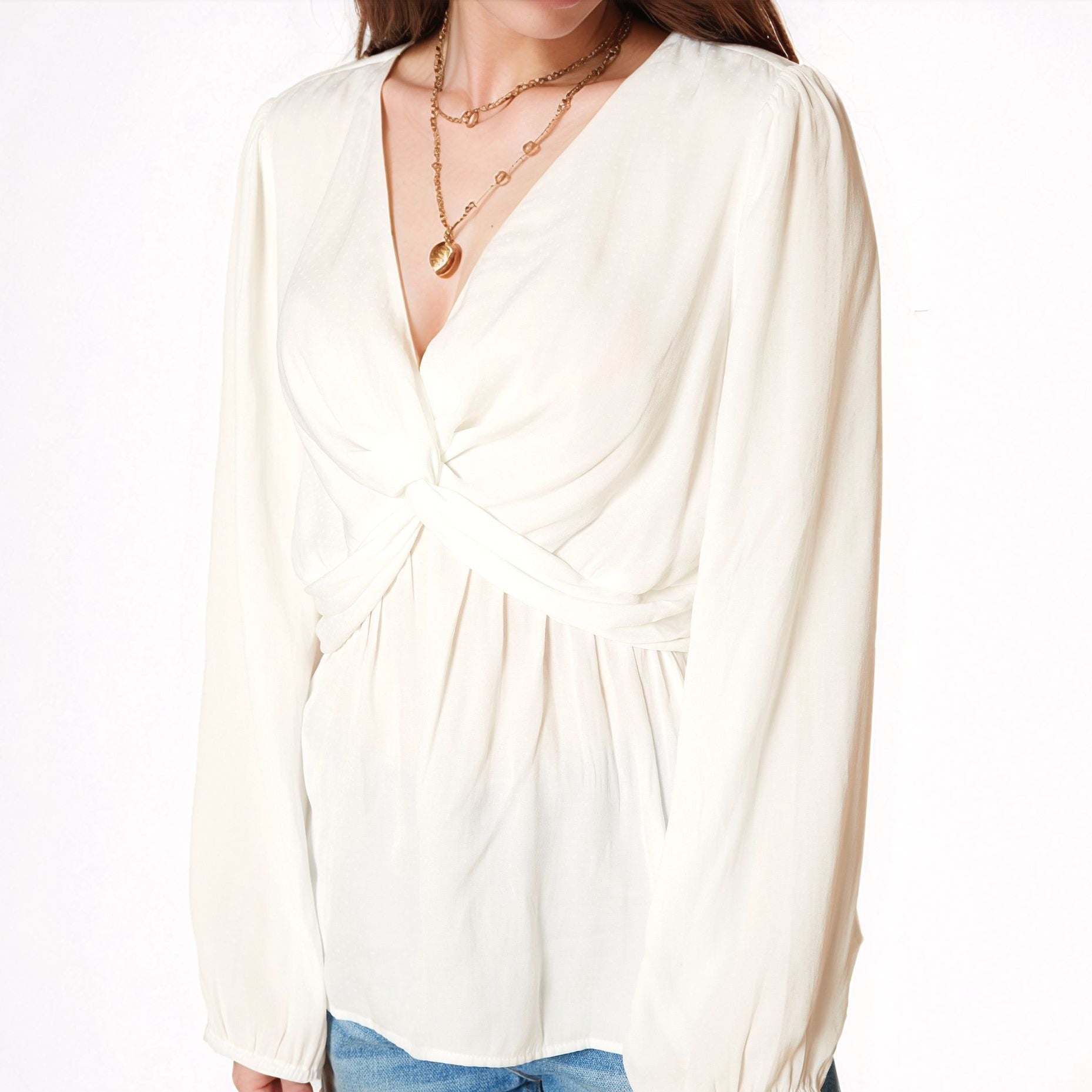 Pleione Women's V-Neck Twist Front Tunic Top in Ivory