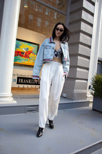 Le Réussi® Fashion - Danielle Denim Jacket with a relaxed fit and bold red lining