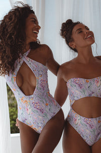 Two women wearing Iliana Cross-Over One Piece Swimsuit 