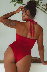 Back view of red Iliana Cross-Over One Piece Swimsuit