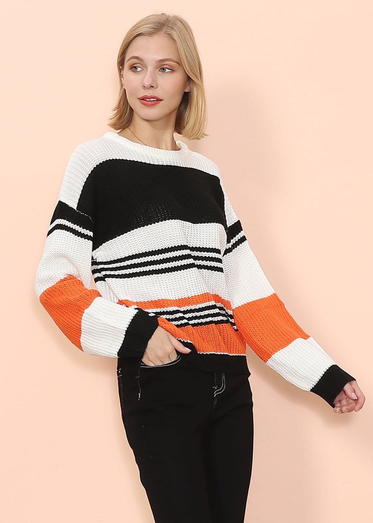 Drop Shoulder Striped Knit Sweater for women