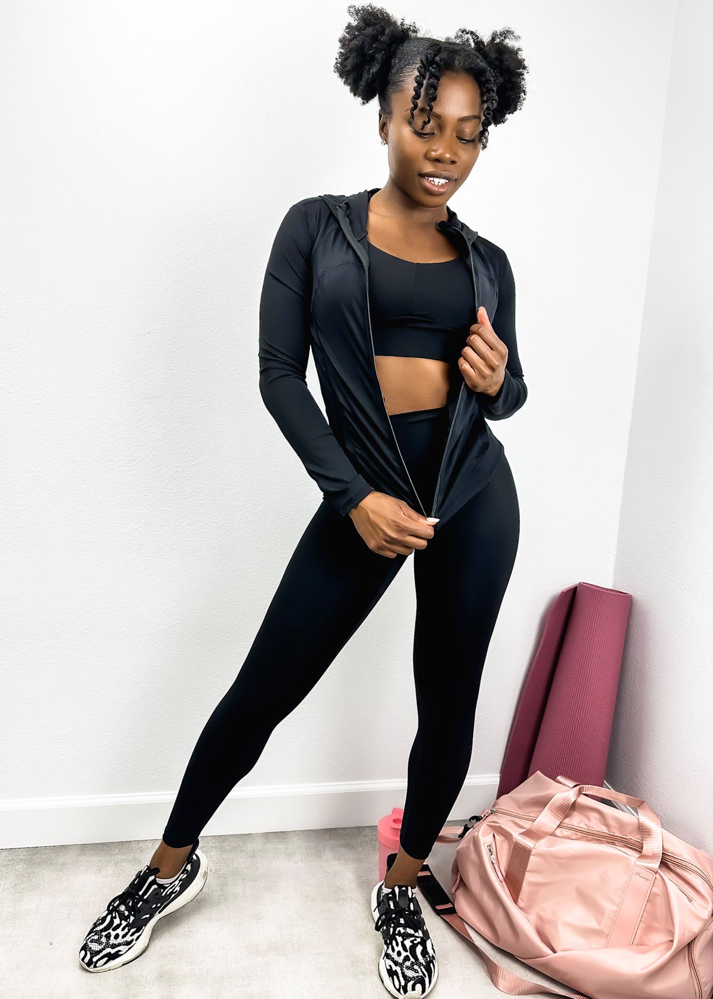 Black Three-Piece Hooded Zip Jacket, Sports Bra, and High-Rise Leggings Set 