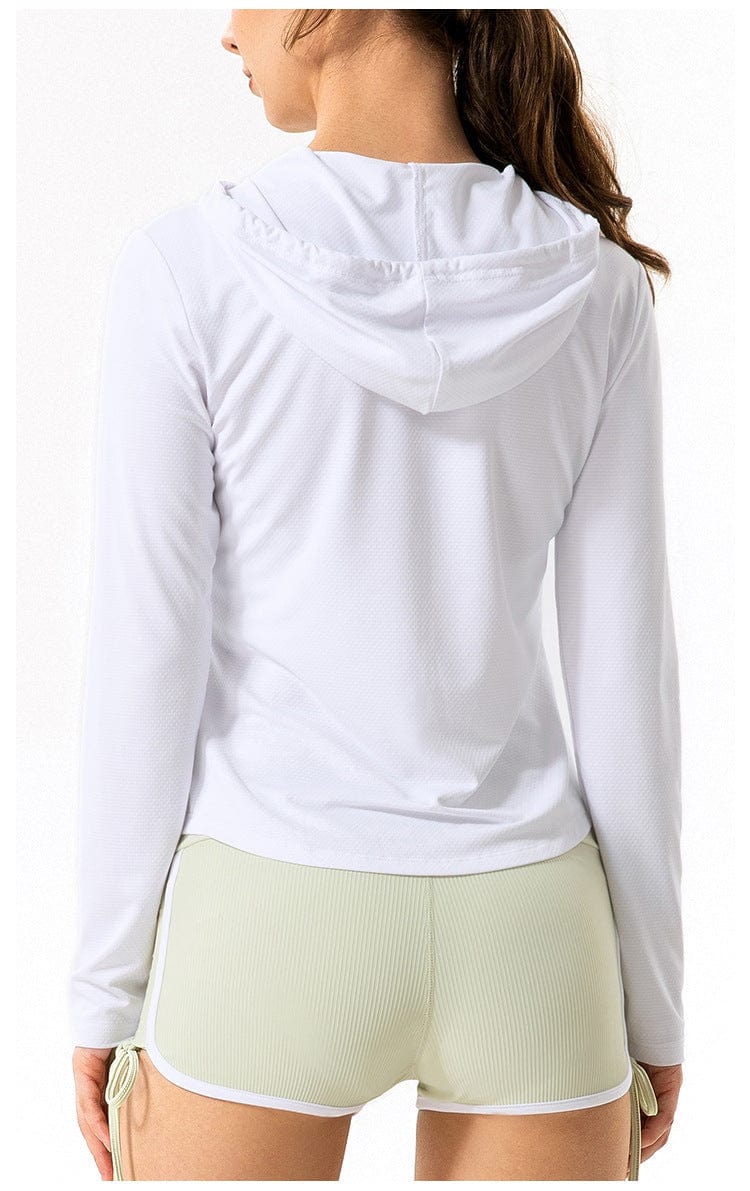 back view of Breathable Active Drawstring Zip-Up Hoodie Jacket-white