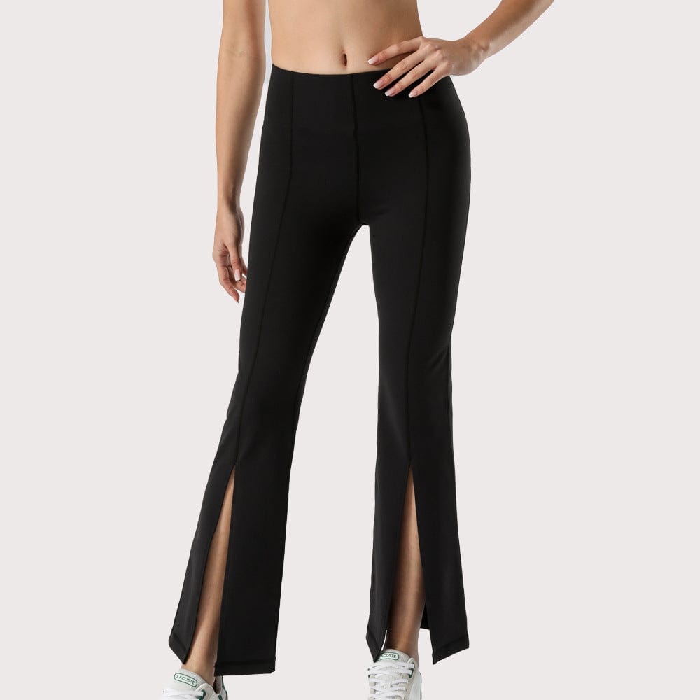 Black Mid Waist Flare Pants with Center Front Slits