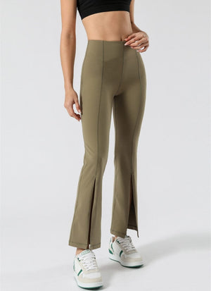Front view of Mid Waist Flare Pants with Center Front Slits