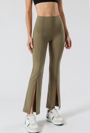 Green Mid Waist Flare Pants with Center Front Slits