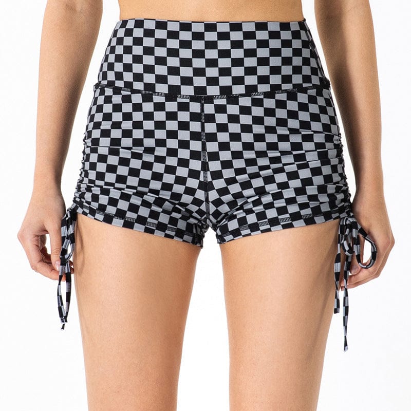 Front view of black checkered shorts