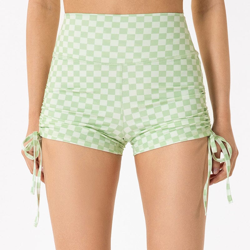 A close view of Checkered High Rise Adjustable Drawstring Ruched Shorts-green