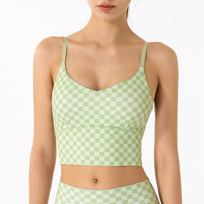 front view of Checkered Adjustable Thin Strap Longline Sports Bra -green