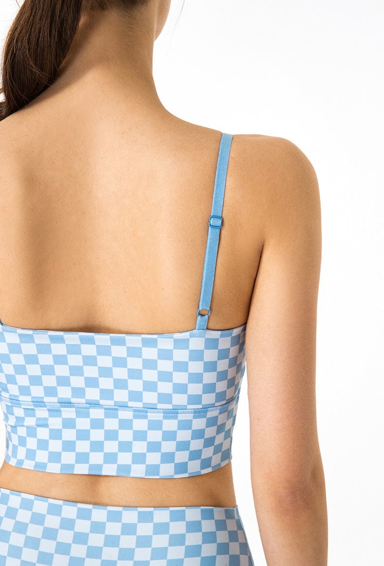 Model showing back of Checkered Adjustable Thin Strap Longline Sports Bra -blue