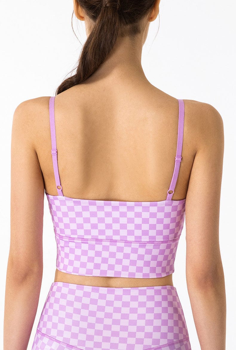 Back of pink Checkered Adjustable Thin Strap Longline Sports Bra 