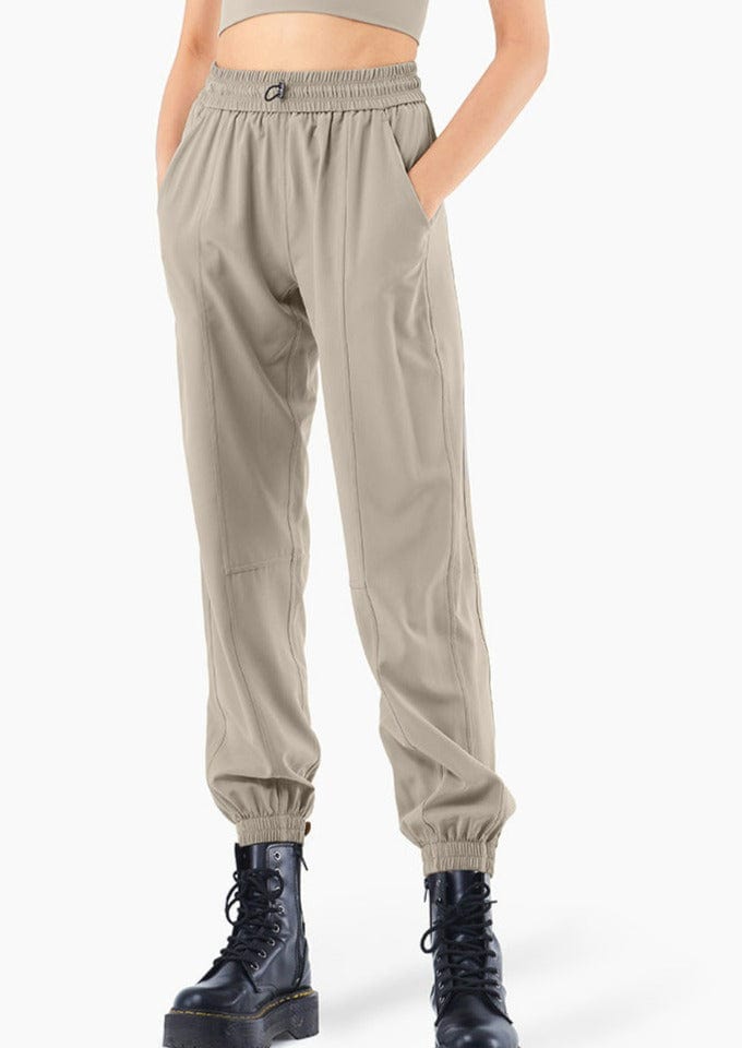 Biege High Rise Contouring Seam Drawstring Ruched Joggers