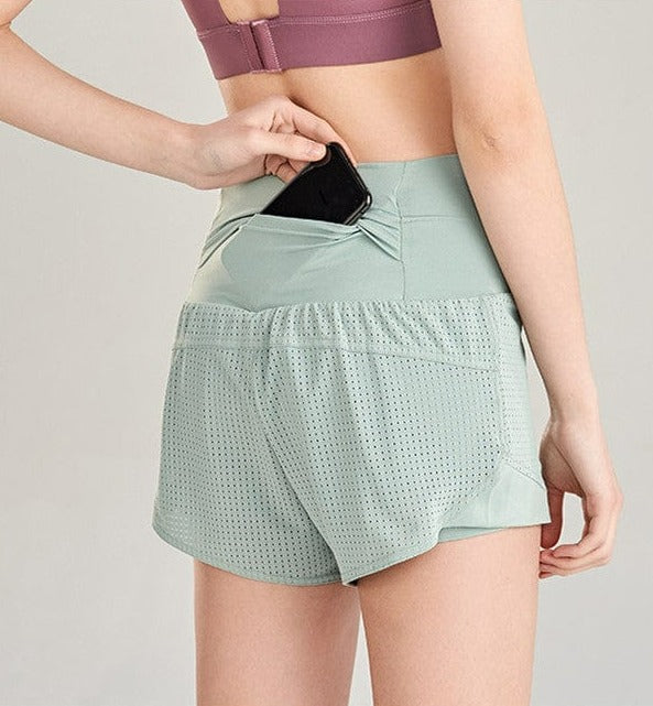 view of pocket in the back of Breathable Lined Active Shorts-green