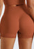 close up back view of Biker High Rise Workout Shorts-light blue-rustic red