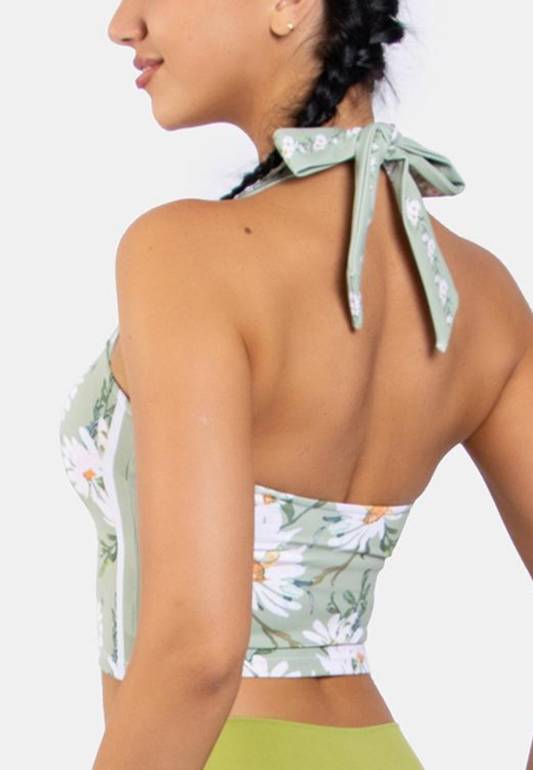 View of the back of Tie Neck Floral Sports Top