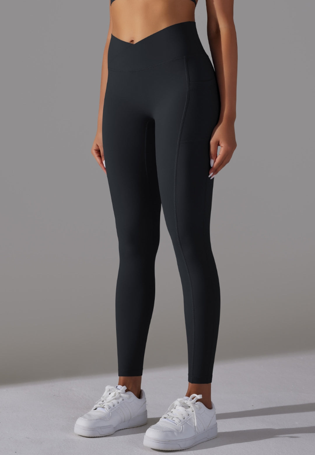 Front view of Overlap V-Waist Pocket Leggings