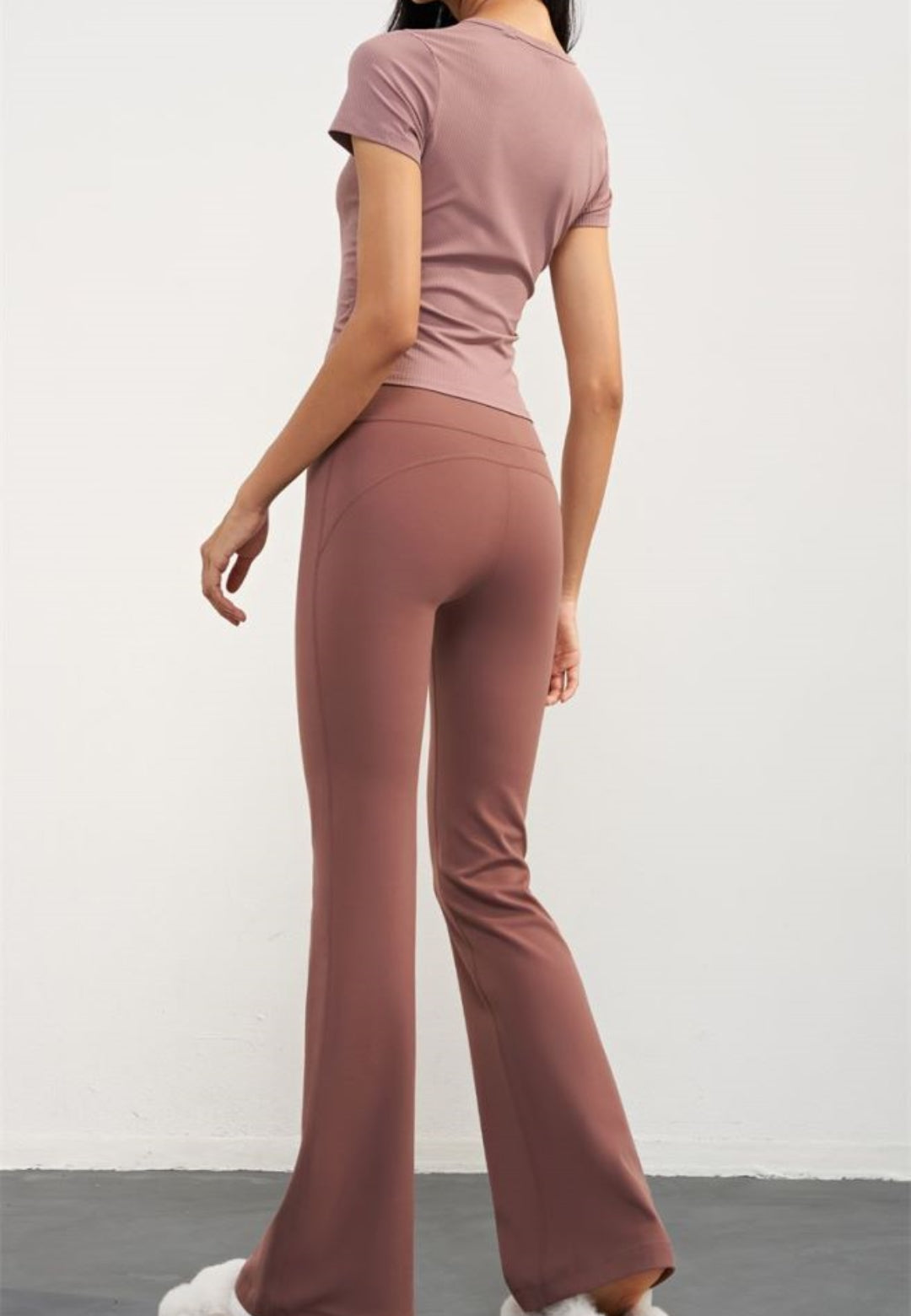 Back view of High Waist Classic Flared Leggings in brown