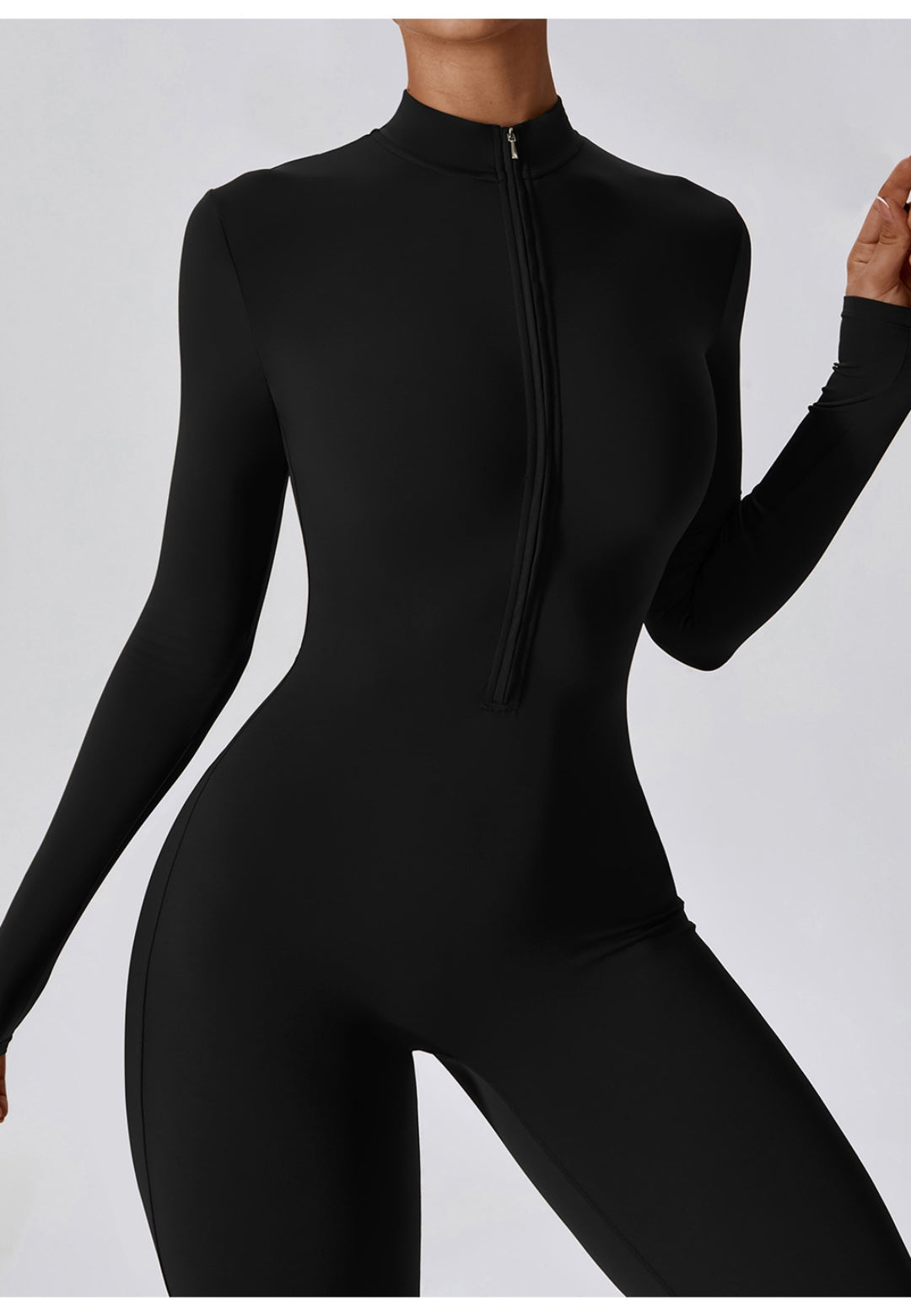 Black Zipper Long Sleeved Fitness Training Workout Bodysuit