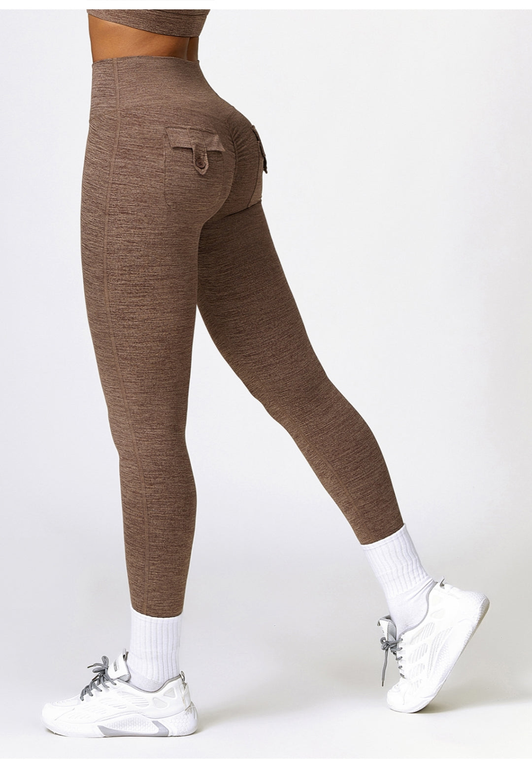 Back Patch Pocket Textured Leggings-coffee