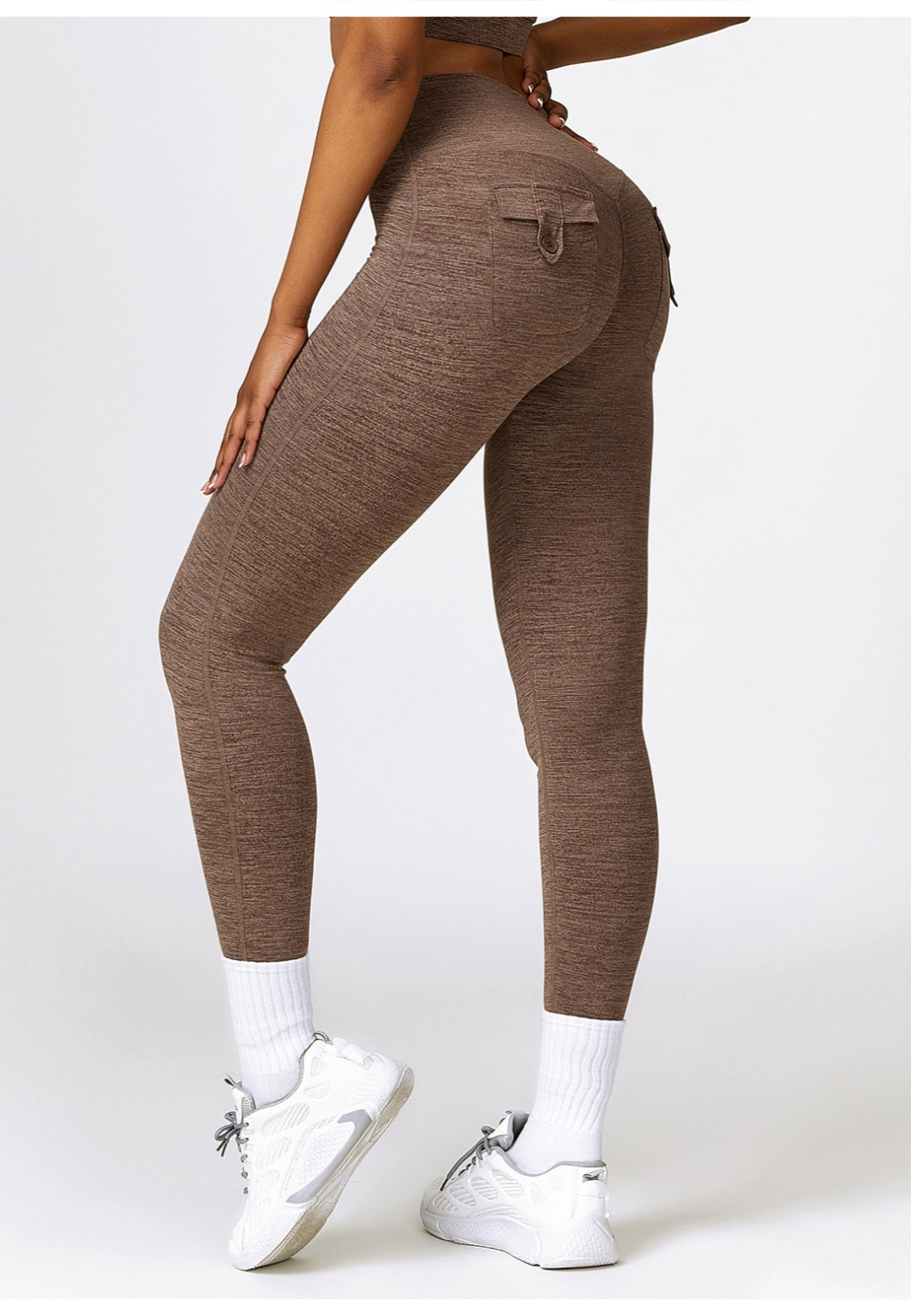 side view of Back Patch Pocket Textured Leggings-coffee