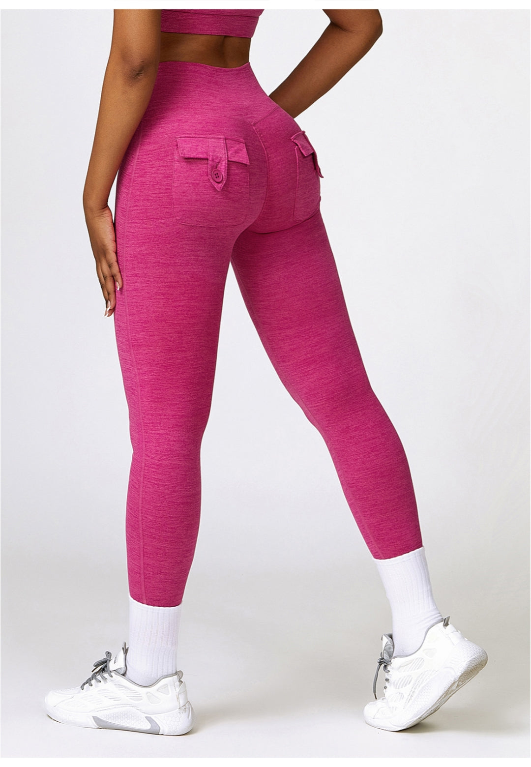 view of the back of Back Patch Pocket Textured Leggings-pink