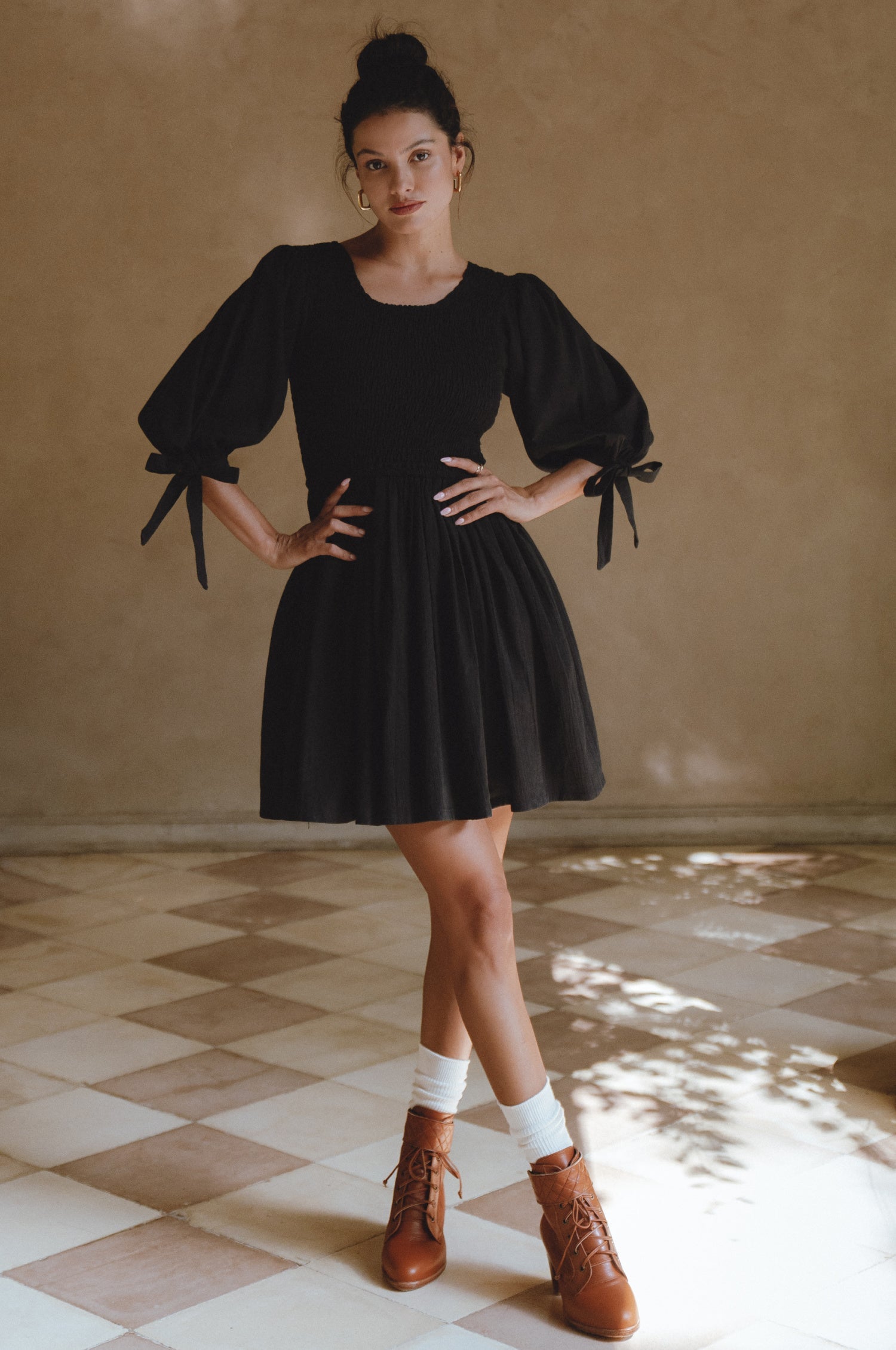 Jolie Puff Sleeve Linen Mini Dress- Black