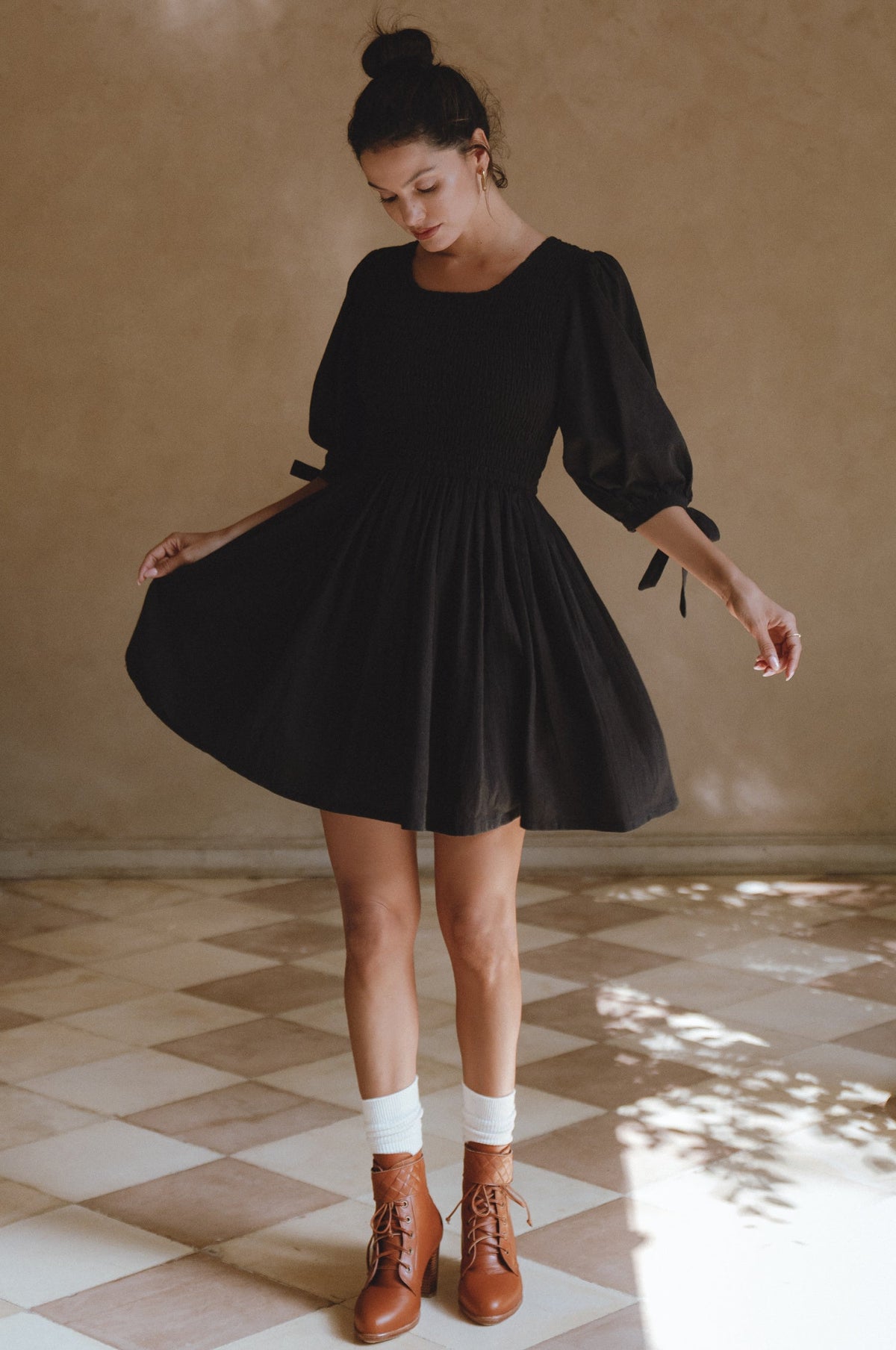 Jolie Puff Sleeve Linen Mini Dress- Black