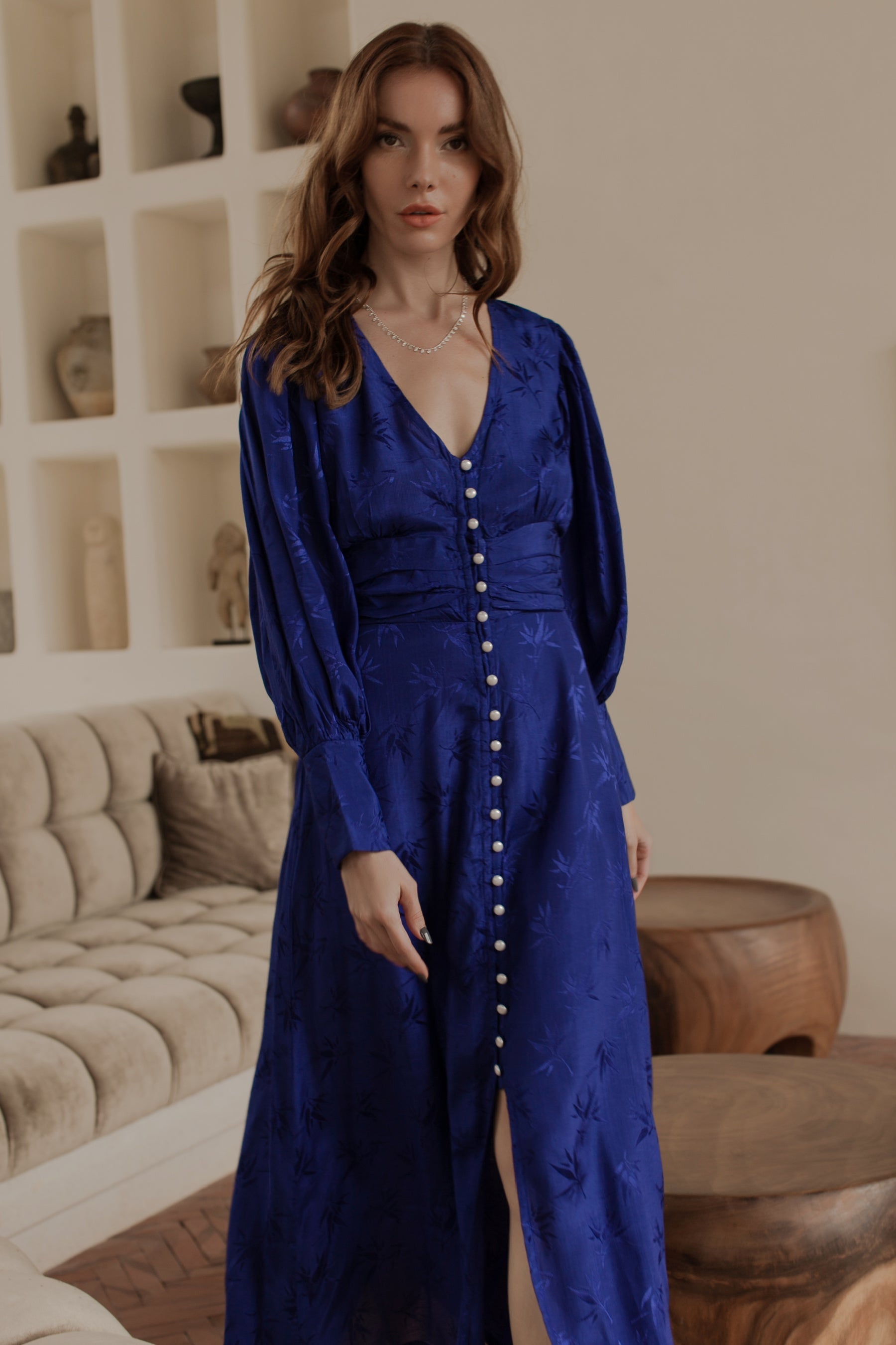 Juliette Pearl Buttons Midi Dress Pearl Blue