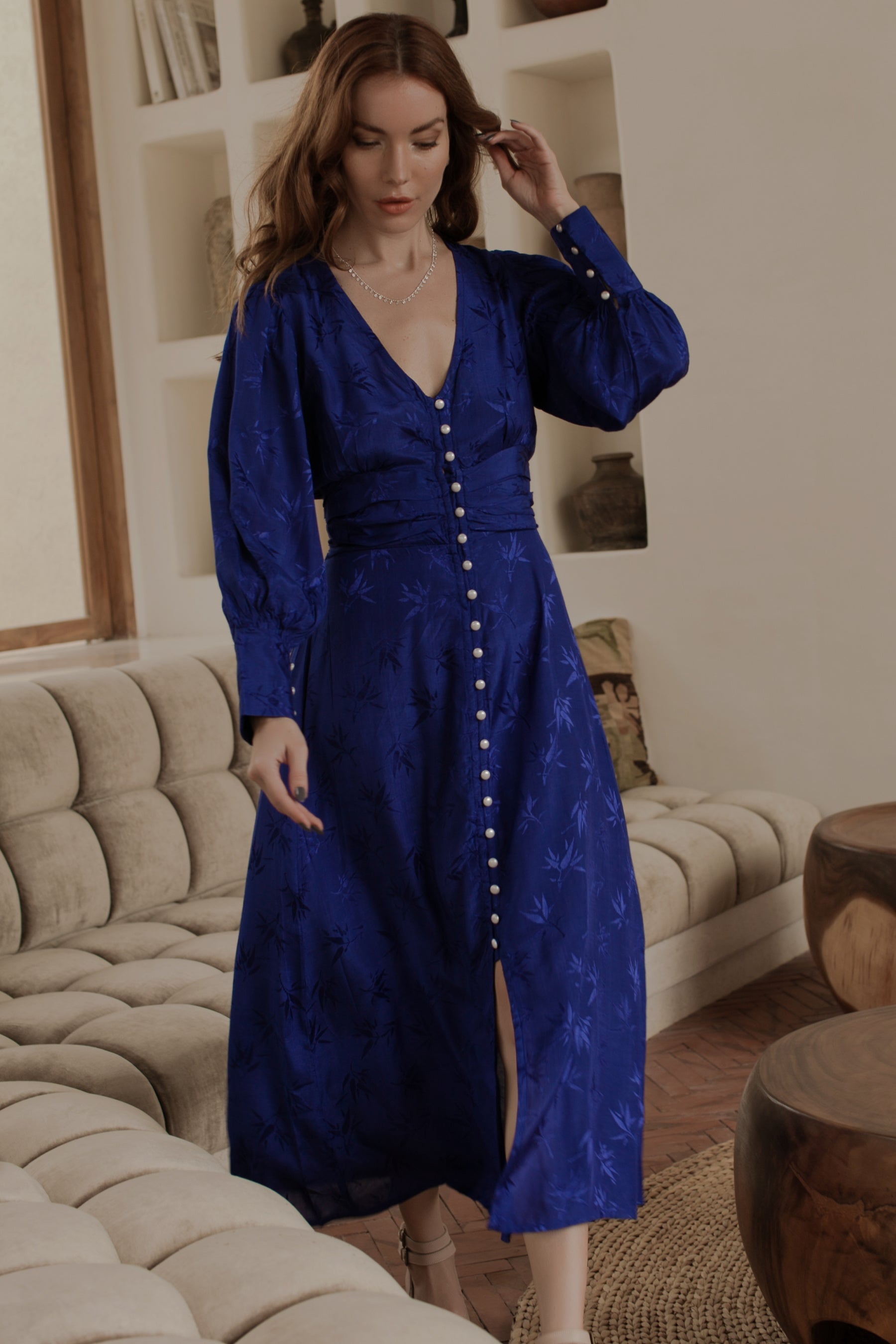Juliette Pearl Buttons Midi Dress Pearl Blue