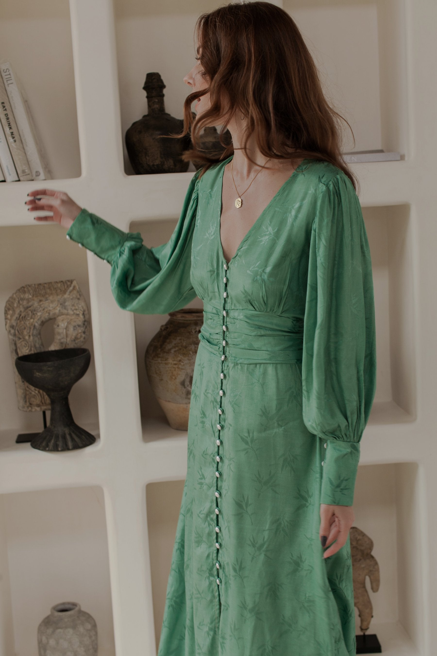 Juliette Pearl Buttons Midi Dress Pearl Sage